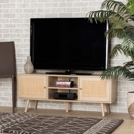 Baxton Studio Sebille Mid-Century Modern Light Brown Finished Wood 2-Door TV Stand with Natural Rattan 207-12462